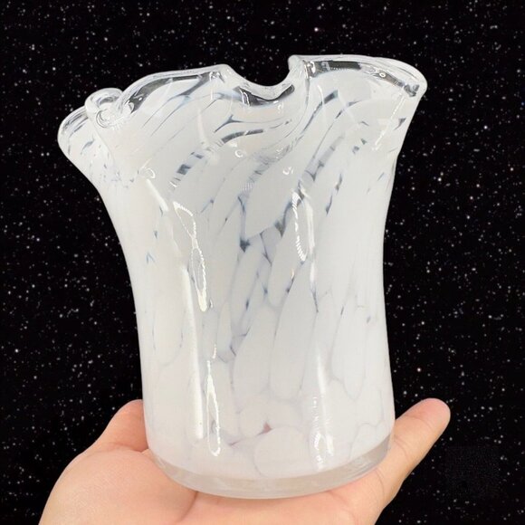 Art Glass Vase With White Specks Dots Ruffled Top Edge Glass Vase Vessel 5”T 5”W - Picture 3 of 15